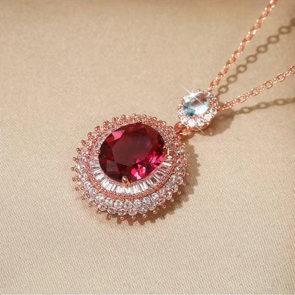 Rose Gold Necklace with Red Oval Gemstone Pendant
